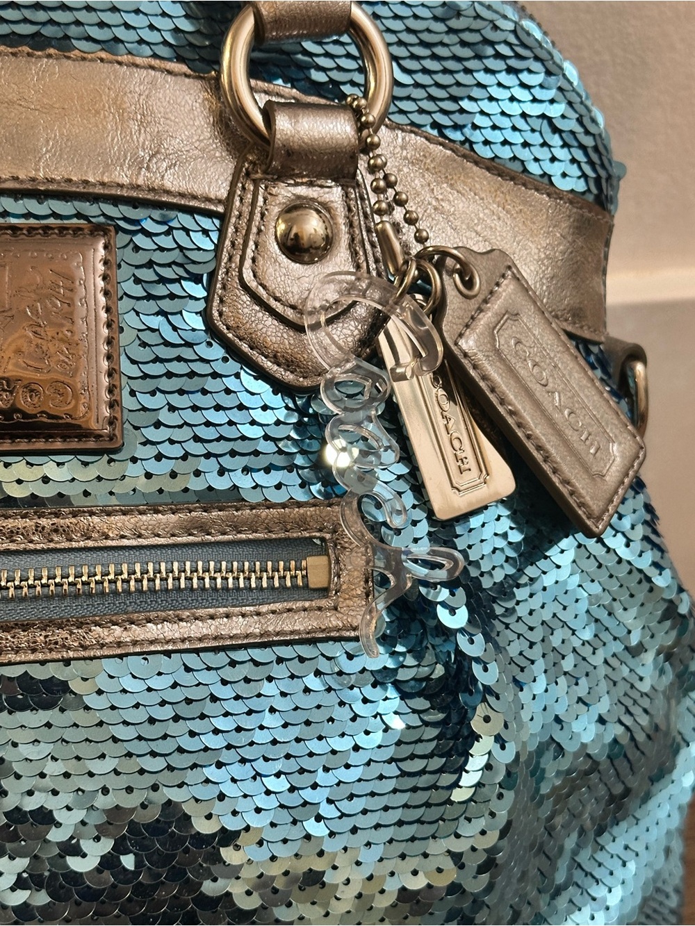 Coach Poppy Spotlight Turquoise Ice Blue Sequin Satchel Y2K Silver Bag - Picture 4 of 10